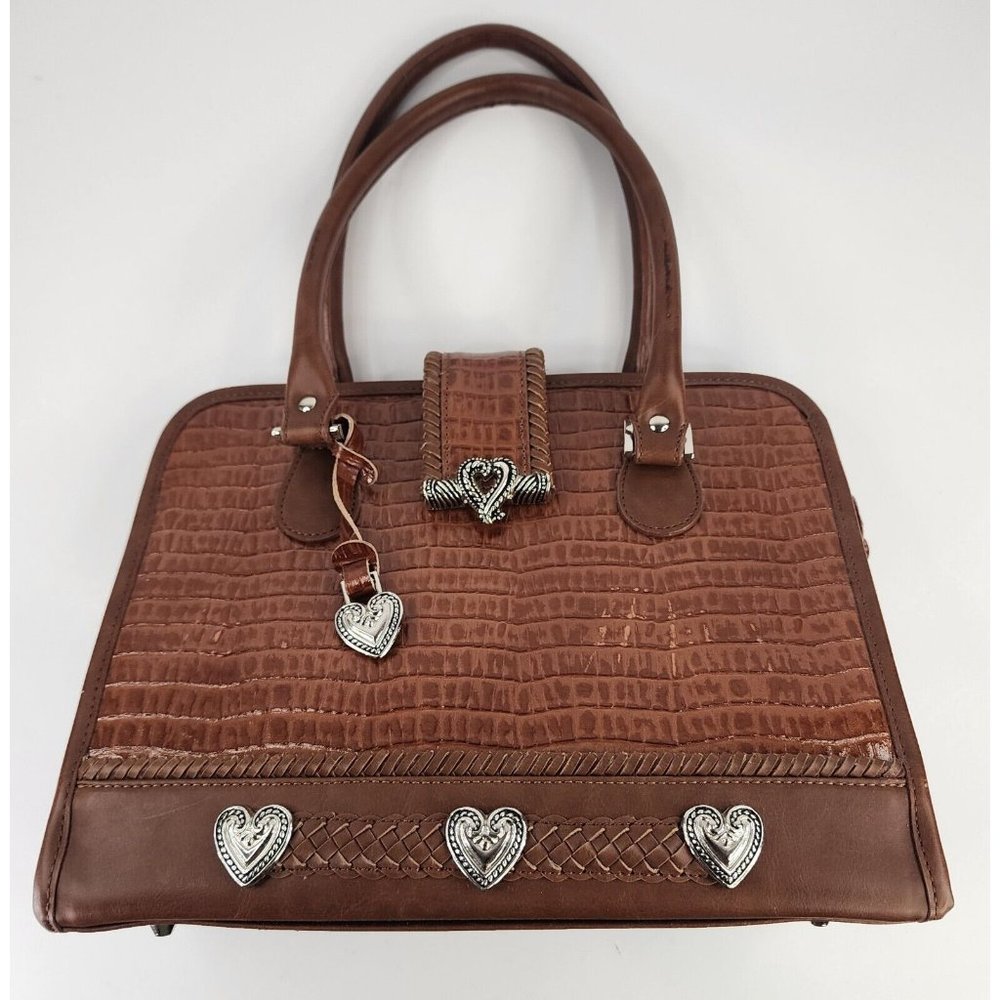 Womens Purse Brown Faux Croc Heart Charm Mom Core Braided Trim Clutch Bag - Picture 1 of 16